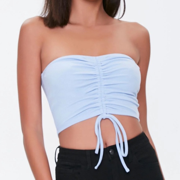 Sky Blue Ruched Strapless Crop Top - Picture 1 of 11